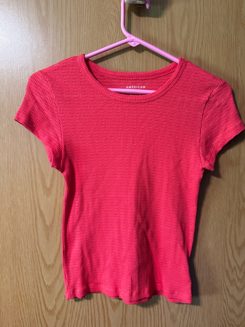 American Eagle Women's Red Ribbed Short-Sleeve Top